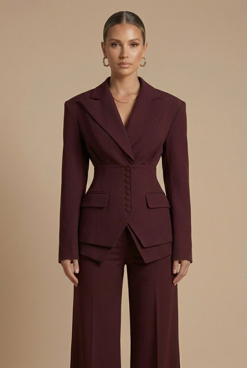 Women's Tailored Two-Piece Suit – Peaked Lapel Blazer & Wide-Leg Trousers
