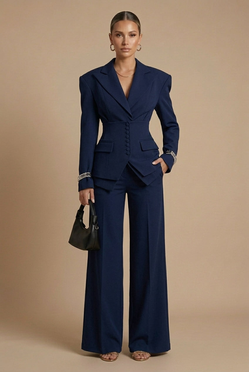 Women's Tailored Two-Piece Suit – Peaked Lapel Blazer & Wide-Leg Trousers