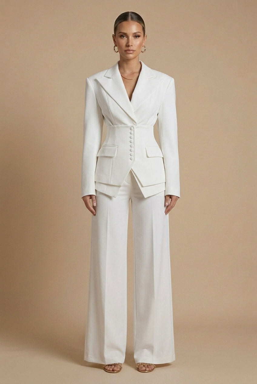 Women's Tailored Two-Piece Suit – Peaked Lapel Blazer & Wide-Leg Trousers