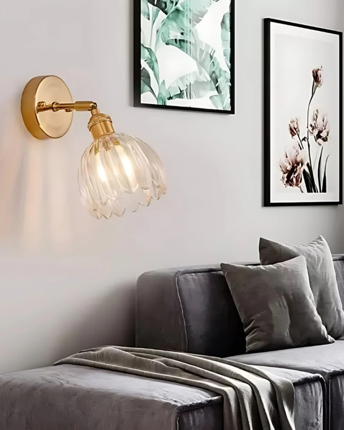Elegant Wall Sconce Lighting with Glass Shade – Vintage Brass Flower Design 5