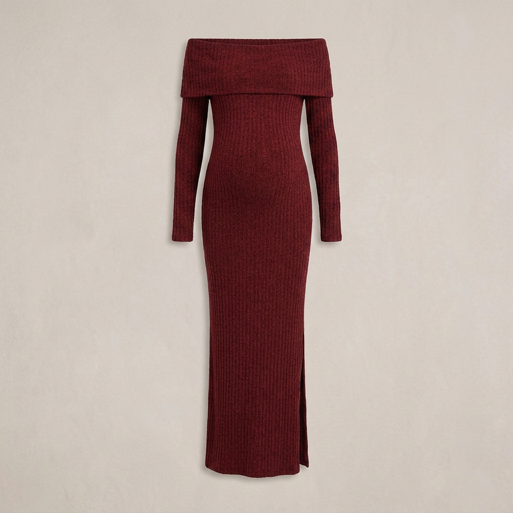Maternity Maxi Dress Burgundy Off-the-Shoulder Long Sleeve Knit