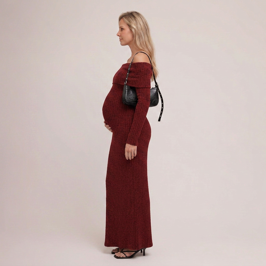 Maternity Maxi Dress Burgundy Off-the-Shoulder Long Sleeve Knit