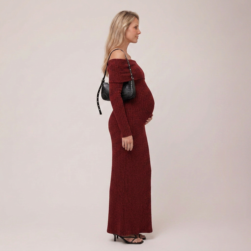 Maternity Maxi Dress Burgundy Off-the-Shoulder Long Sleeve Knit