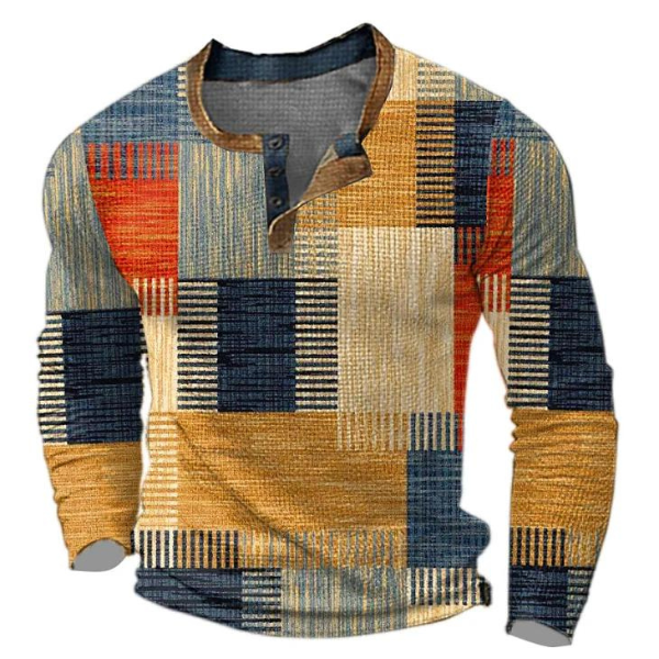 Mens Jumper with Long Sleeves, Colour Block Print and Button Placket
