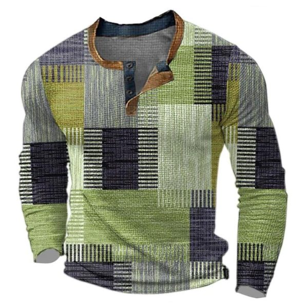 Mens Jumper with Long Sleeves, Colour Block Print and Button Placket