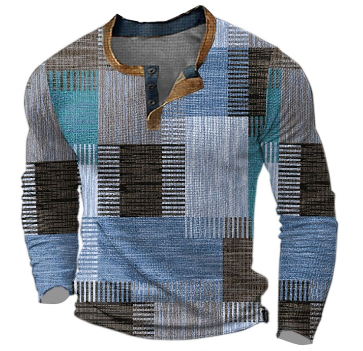 Mens Jumper with Long Sleeves, Colour Block Print and Button Placket