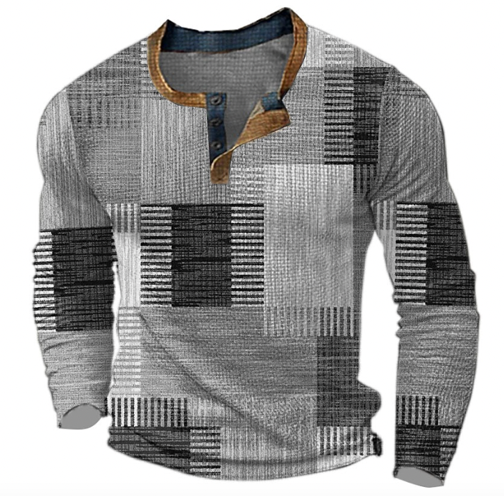 Mens Jumper with Long Sleeves, Colour Block Print and Button Placket