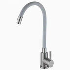 Flexible Kitchen Tap with bendable grey hose and silver base, mounted for a kitchen sink.