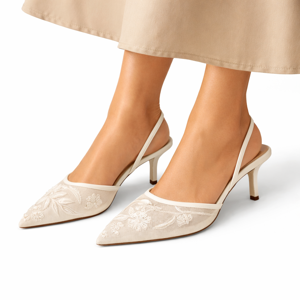 Women's Embroidered Mesh Mule Heels with Floral Detail and Pointed Toe