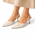 Women's Embroidered Mesh Mule Heels with Floral Detail and Pointed Toe