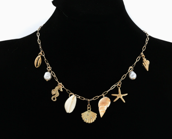 Women's Gold-Plated Faux Pearl Charm Necklace - Ocean Shell Pendant