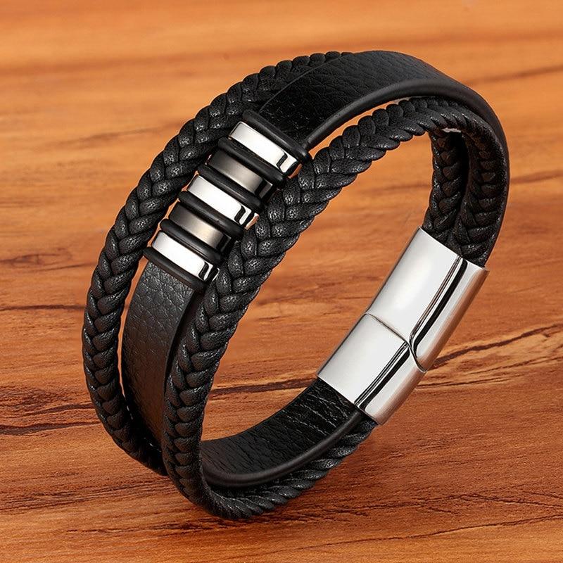 Men's Genuine Leather Bracelet - Braided Double Strand Cuff