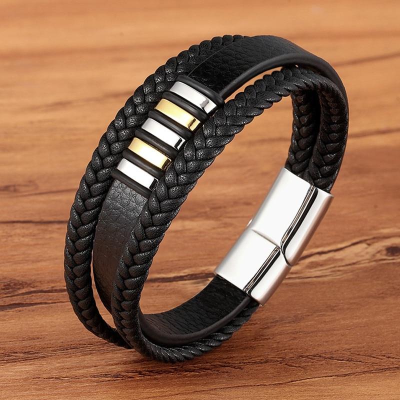 Men's Genuine Leather Bracelet - Braided Double Strand Cuff