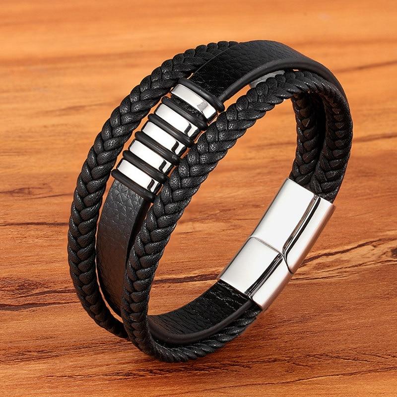 Men's Genuine Leather Bracelet - Braided Double Strand Cuff