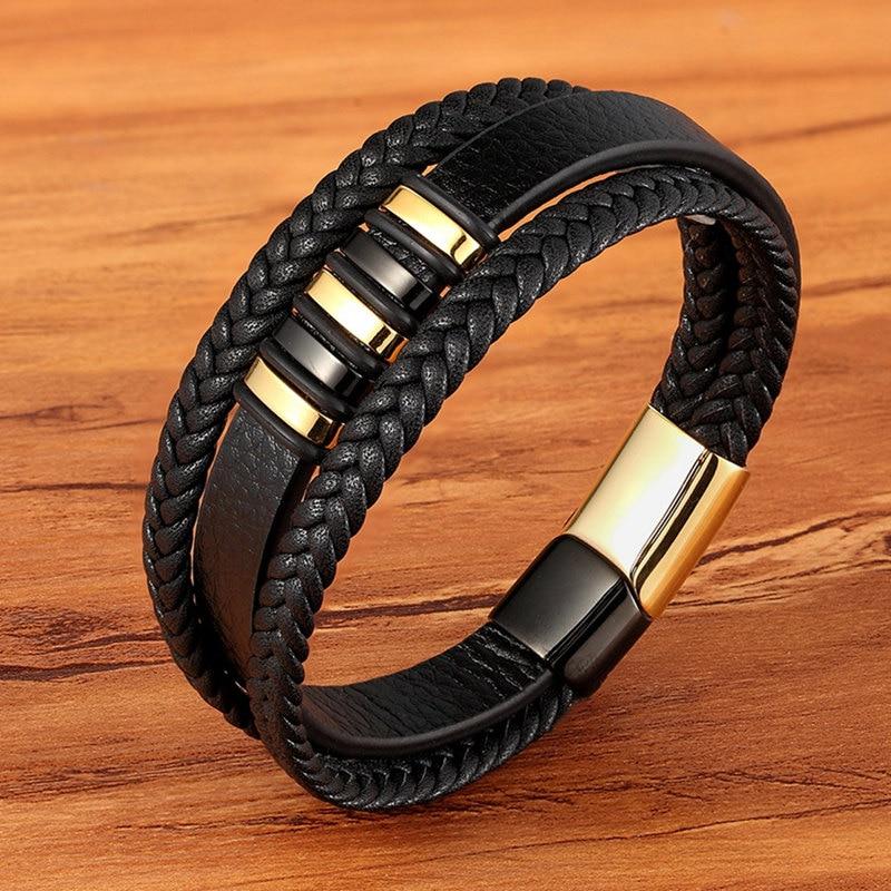 Men's Genuine Leather Bracelet - Braided Double Strand Cuff