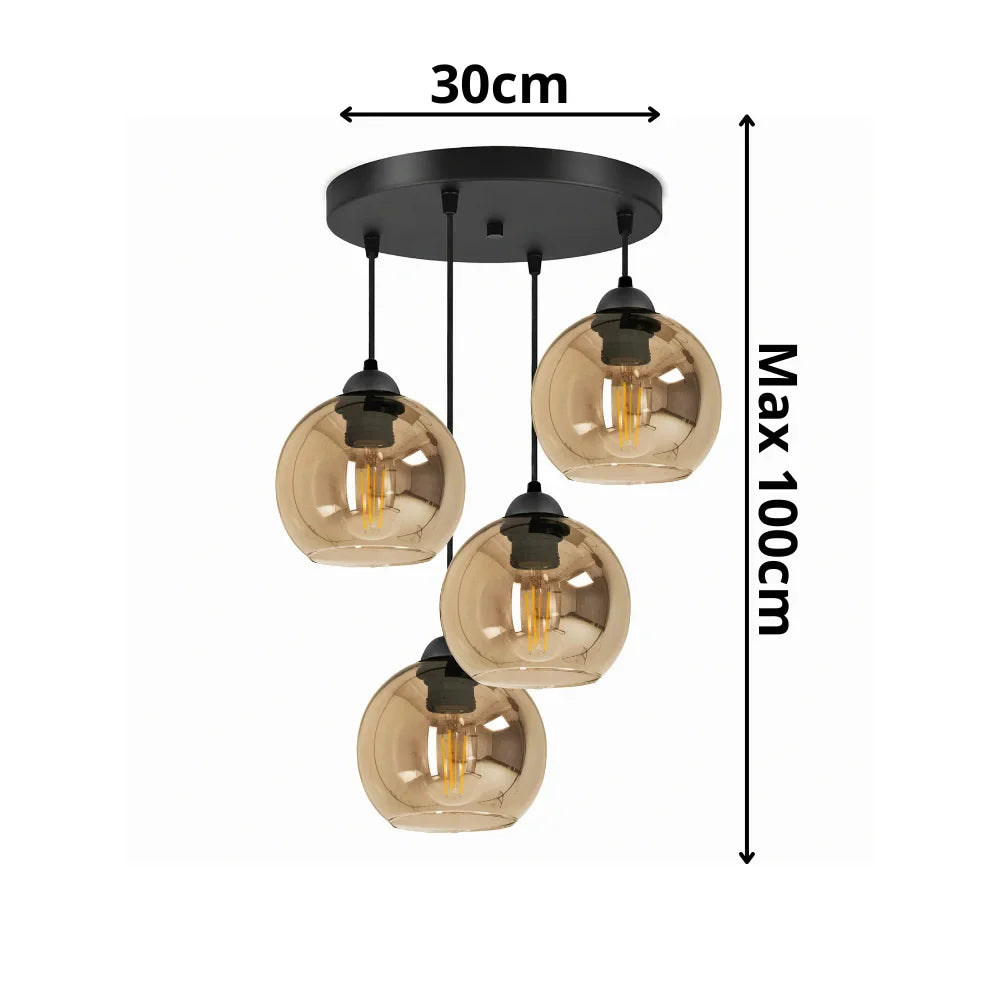 Industrial 4-Light Amber Pendant Lamp for Dining Room, Living Room or Office