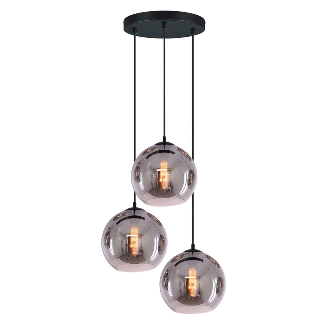 Industrial 3-Light Smoke Glass Globe Pendant Lamp in Black/Grey