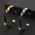 Leather Cuff Bracelet - Braided Genuine Leather & Stainless Steel