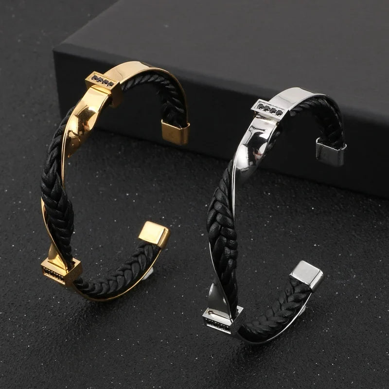 Leather Cuff Bracelet - Braided Genuine Leather & Stainless Steel