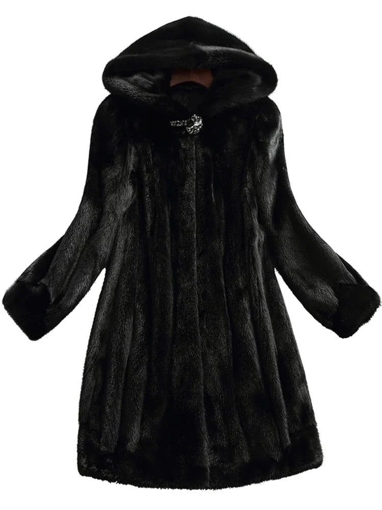 Women's Faux Fur Coat with Fur-Lined Hood, Long Length