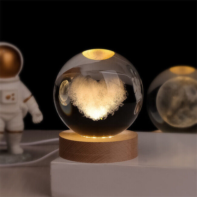 3D Engraved Crystal Ball Night Light – Wood & Glass LED Lamp