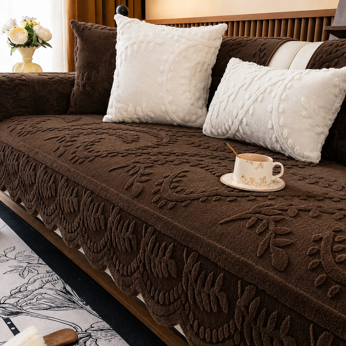 Plush Non-Slip Sofa Cover with Embossed Botanical Texture