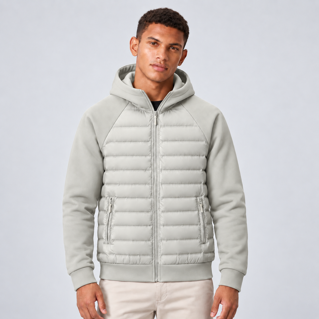 Mens Hooded Bomber Jacket with Sweat Sleeves - Quilted Hybrid Jacket