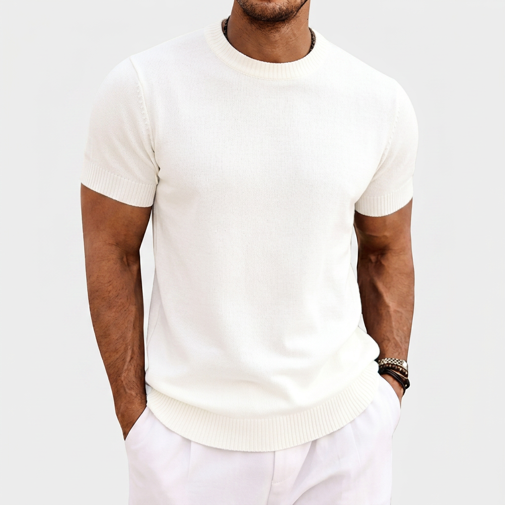 Men's Knitted T-Shirt Round Neck Short Sleeve Ribbed Trim