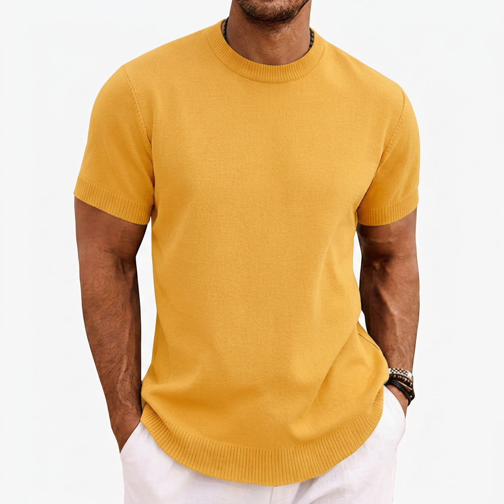 Men's Knitted T-Shirt Round Neck Short Sleeve Ribbed Trim