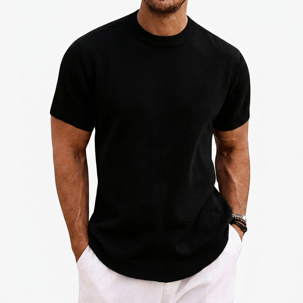 Men's Knitted T-Shirt Round Neck Short Sleeve Ribbed Trim