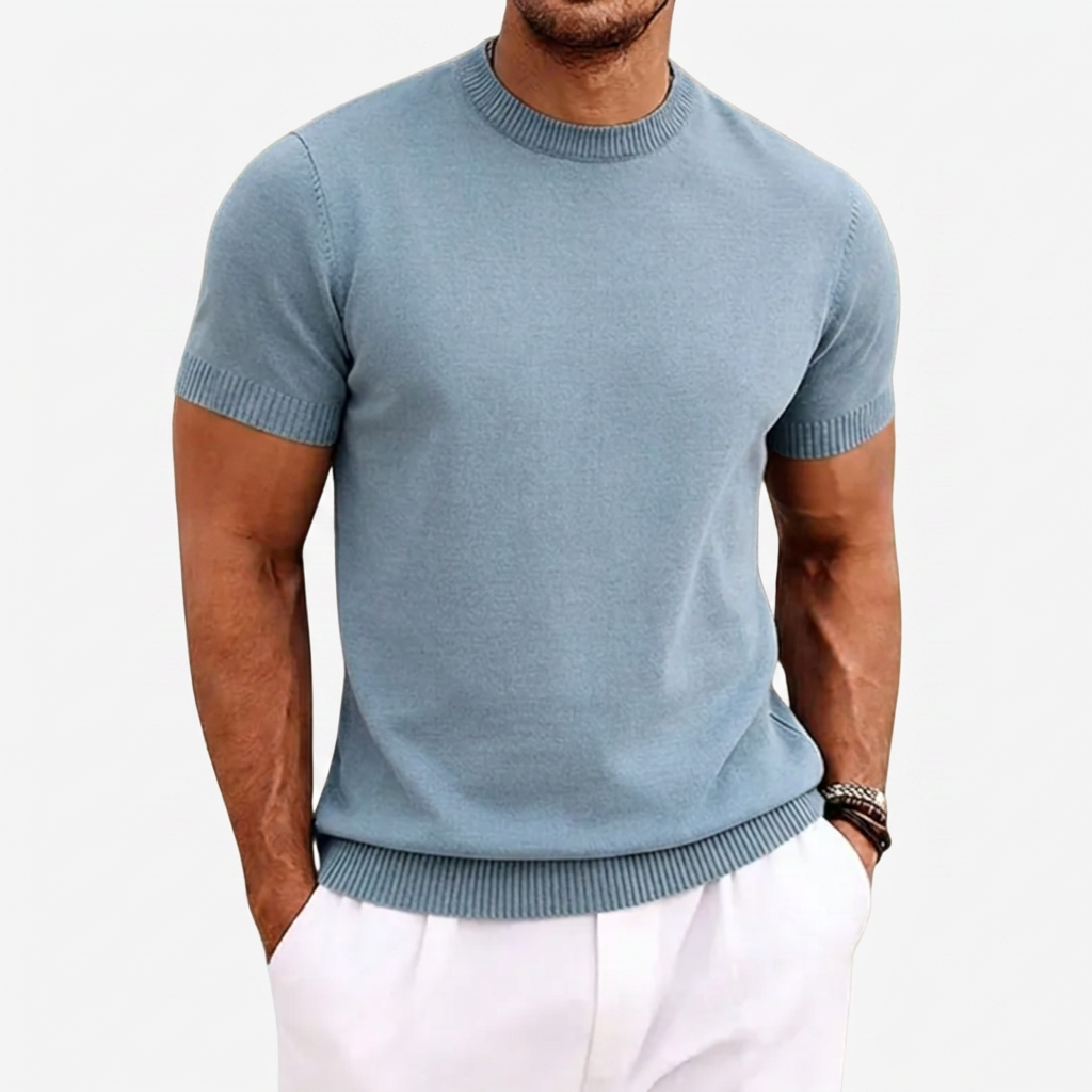 Men's Knitted T-Shirt Round Neck Short Sleeve Ribbed Trim