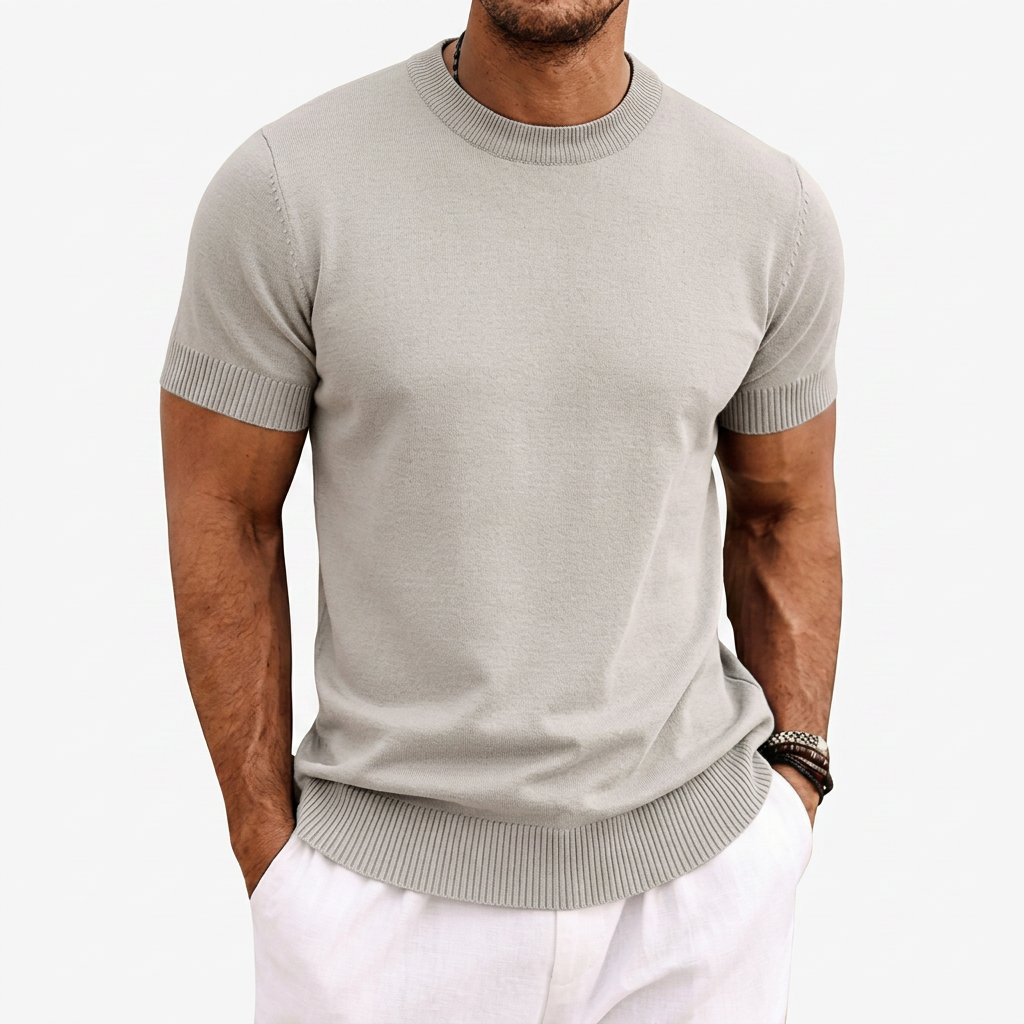 Men's Knitted T-Shirt Round Neck Short Sleeve Ribbed Trim