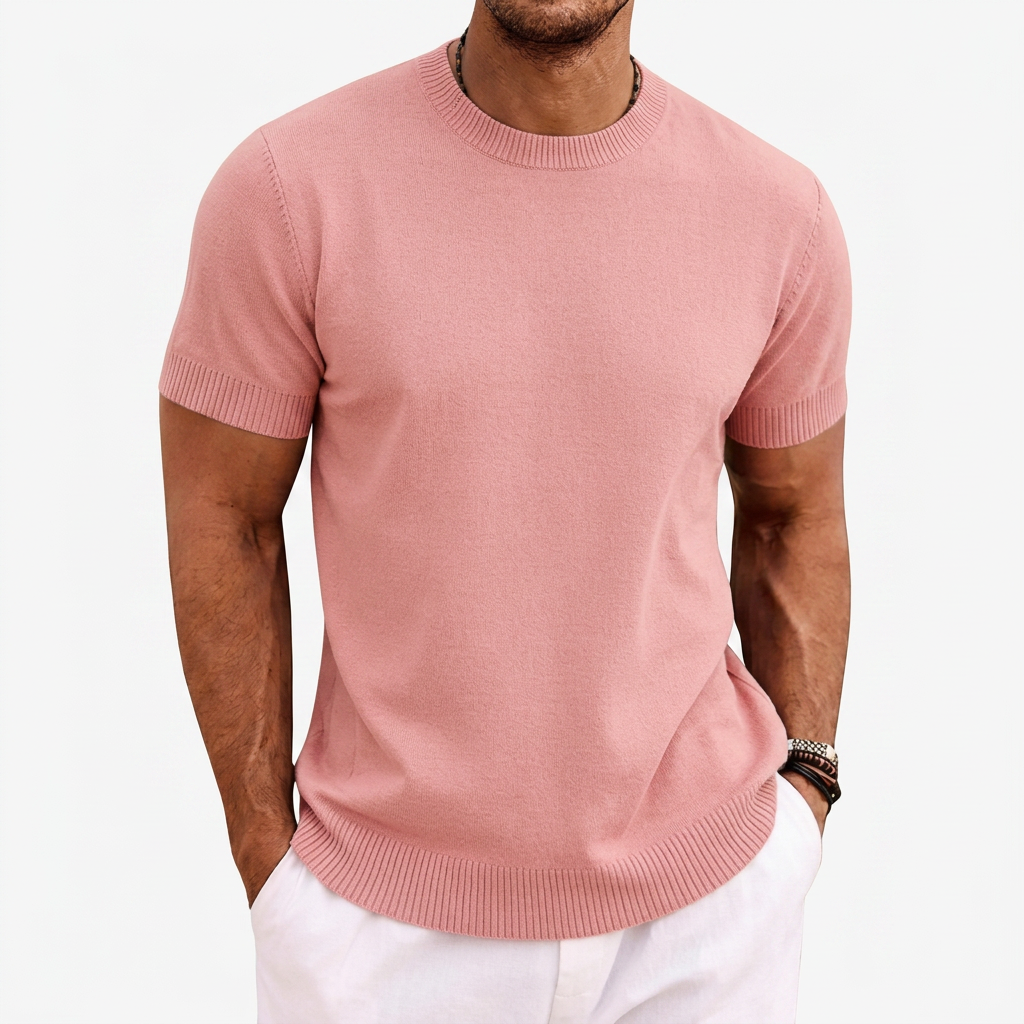 Men's Knitted T-Shirt Round Neck Short Sleeve Ribbed Trim