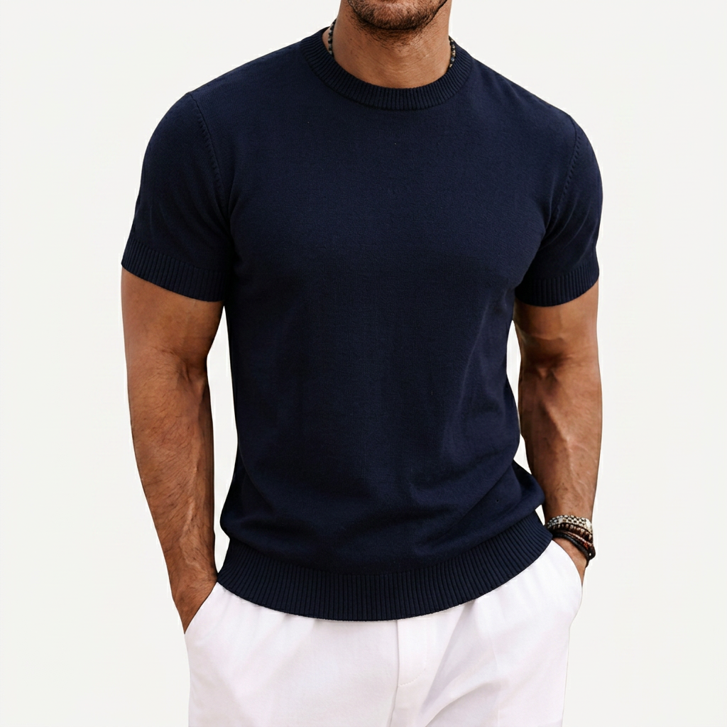 Men's Knitted T-Shirt Round Neck Short Sleeve Ribbed Trim