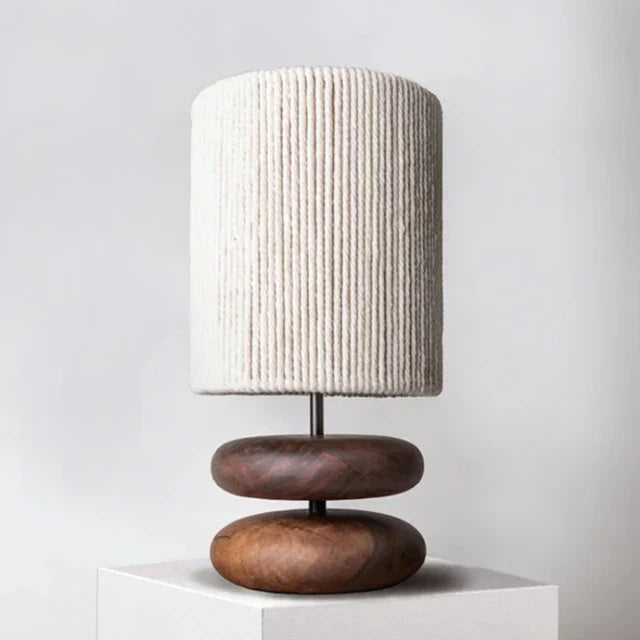 RusticTwine | Japandi Walnut Wood Table Lamp with Woven Design | Handmade Wooden Lamp with Rope Shade & Warm LED Light