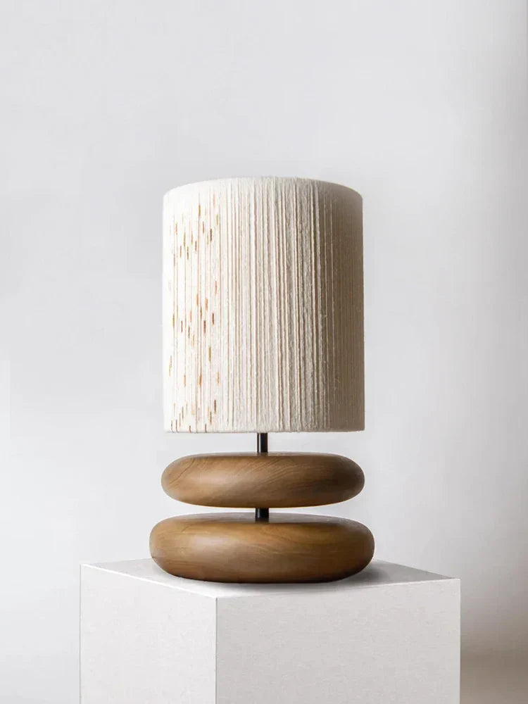 RusticTwine | Japandi Walnut Wood Table Lamp with Woven Design | Handmade Wooden Lamp with Rope Shade & Warm LED Light