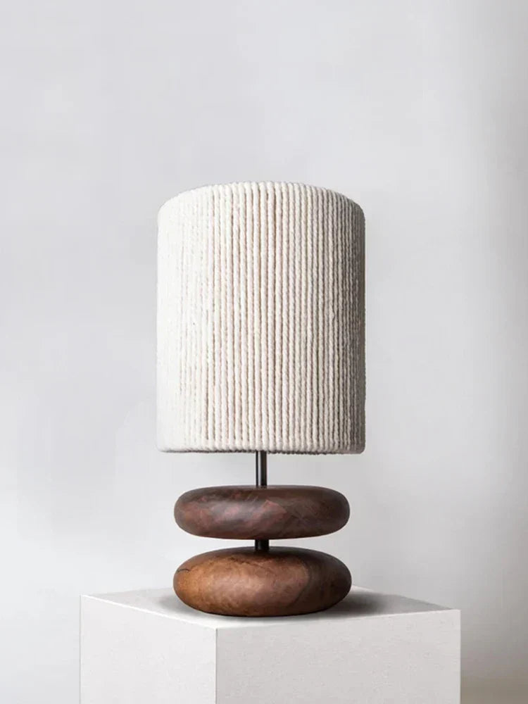 RusticTwine | Japandi Walnut Wood Table Lamp with Woven Design | Handmade Wooden Lamp with Rope Shade & Warm LED Light