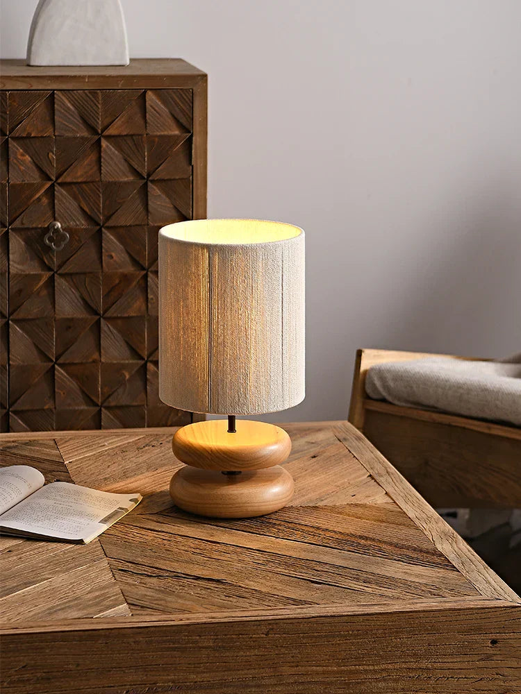 RusticTwine | Japandi Walnut Wood Table Lamp with Woven Design | Handmade Wooden Lamp with Rope Shade & Warm LED Light
