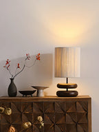 RusticTwine | Japandi Walnut Wood Table Lamp with Woven Design | Handmade Wooden Lamp with Rope Shade & Warm LED Light