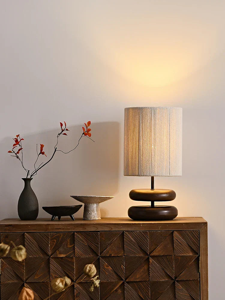 RusticTwine | Japandi Walnut Wood Table Lamp with Woven Design | Handmade Wooden Lamp with Rope Shade & Warm LED Light