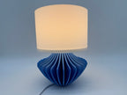 Geo Modern Table Lamp with Blue Geometric Base and White Ribbed Shade – Ambient Lighting