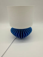 Geo Modern Table Lamp with Blue Geometric Base and White Ribbed Shade – Ambient Lighting
