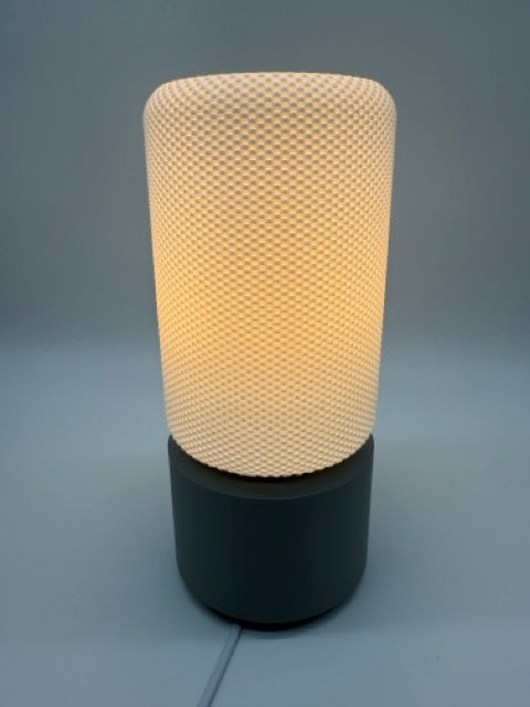 Dots Modern Table Lamp with Cylindrical White Shade and Grey Base – Stylish Ambient Lighting