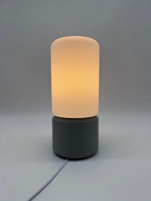 Dots Modern Table Lamp with Cylindrical White Shade and Grey Base – Stylish Ambient Lighting