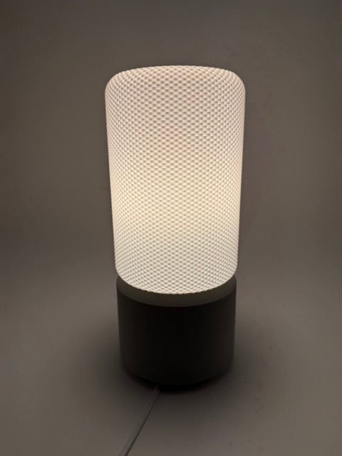 Dots Modern Table Lamp with Cylindrical White Shade and Grey Base – Stylish Ambient Lighting