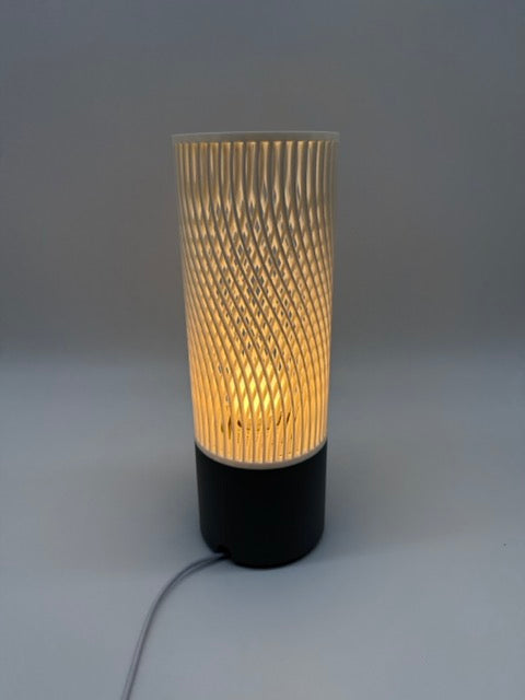 Spiral Modern Table Lamp with Openwork Cylinder Design and Grey Base – Stylish Ambient Lighting