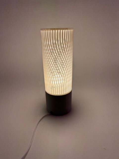Spiral Modern Table Lamp with Openwork Cylinder Design and Grey Base – Stylish Ambient Lighting