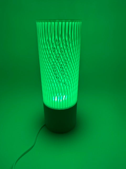 Spiral Modern Table Lamp with Openwork Cylinder Design and Grey Base – Stylish Ambient Lighting