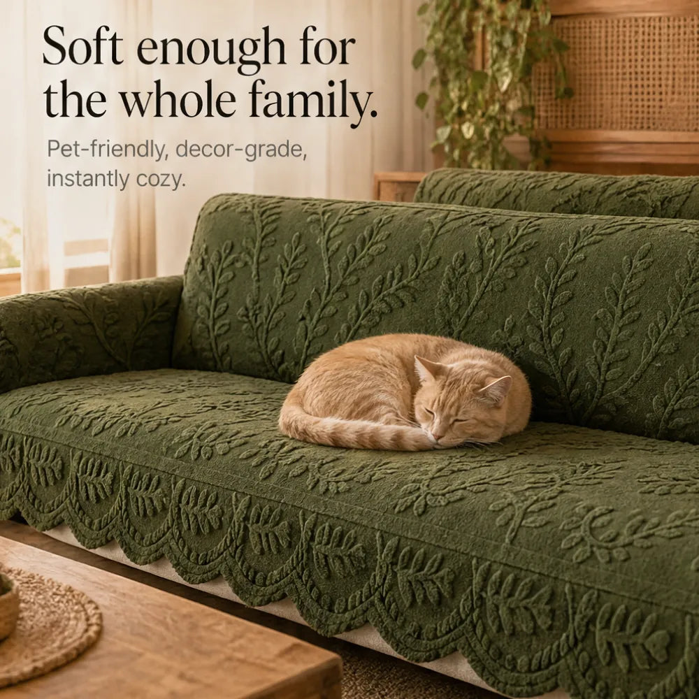 Plush Non-Slip Sofa Cover with Embossed Botanical Texture