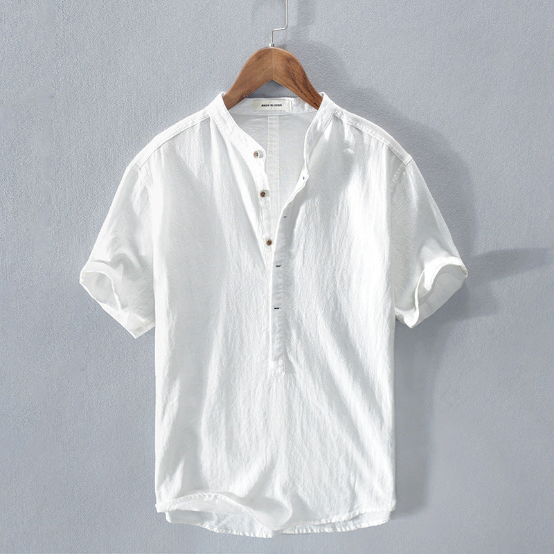 Men's Short Sleeve Shirt with Mandarin Collar and Half Placket